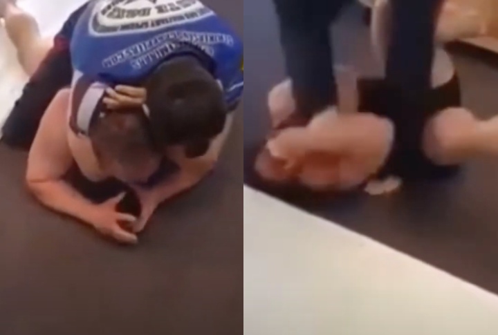 Big Muscle Guy Challenges BJJ instructor at His Academy; Instructor Goes Full Vale Tudo on Him