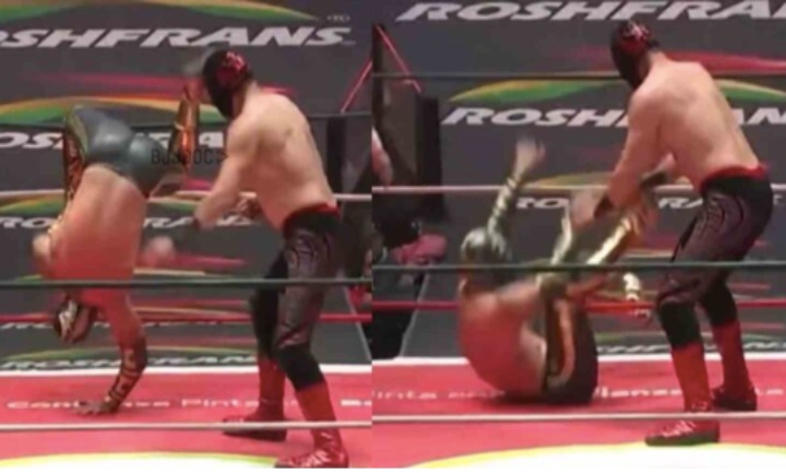 Pro Wrestler Submits Himself Entangling his Leg in the Ropes